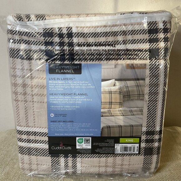 Cuddl Duds King Size Heavyweight Flannel Sheet Set Neutral Plaid - Picture 6 of 6